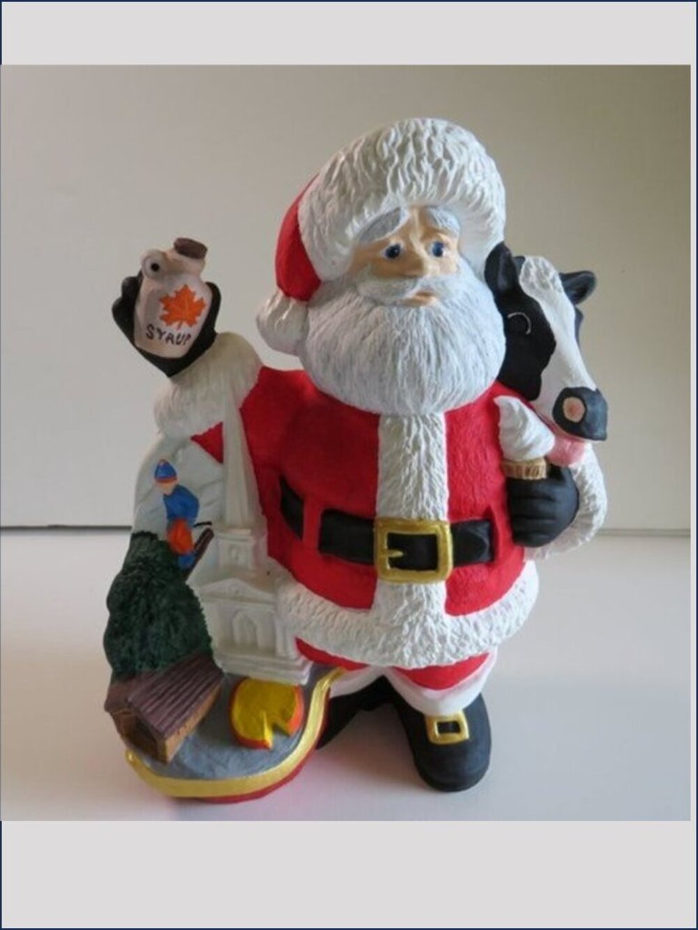Vintage Ceramic Vermont Santa Claus Holstein Cow Maple Syrup Figurine Christmas